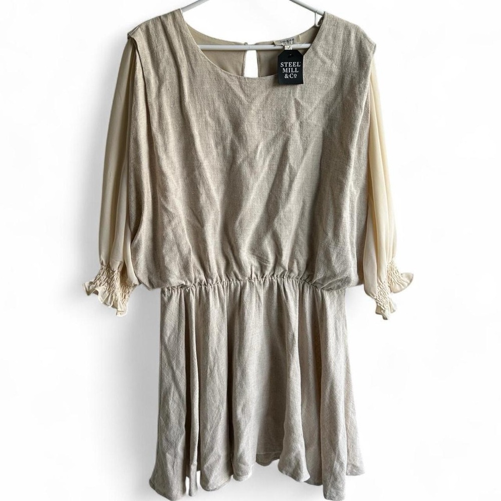 NWT Umgee Cream and Tan Oatmeal Linen/Cotton Contrast Sleeve dress Size Large